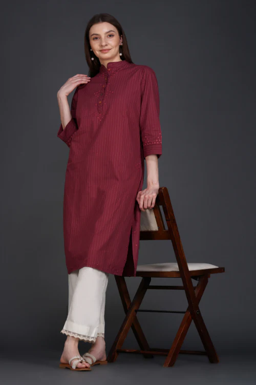 Phae Fiza Kurta With Cream Stripe In Cotton - Image 5