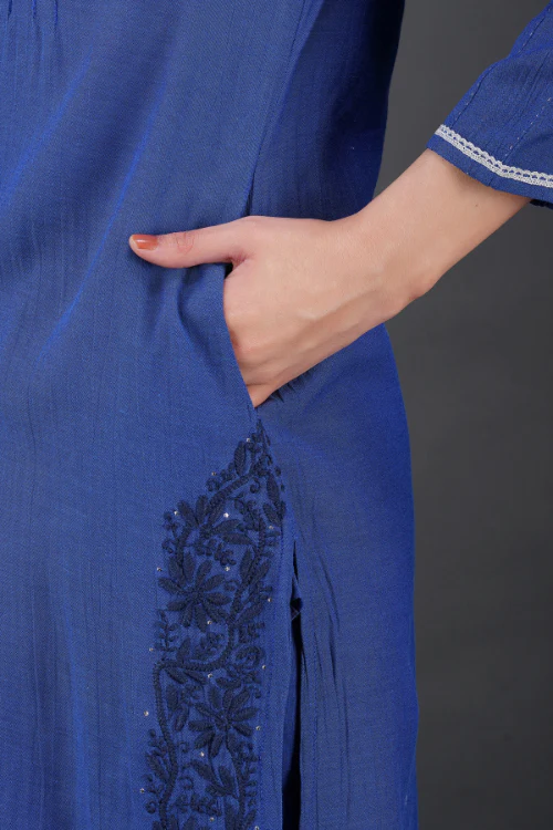 Phae Idit Cotton Crinkle Cobalt Blue Kurta - Image 3