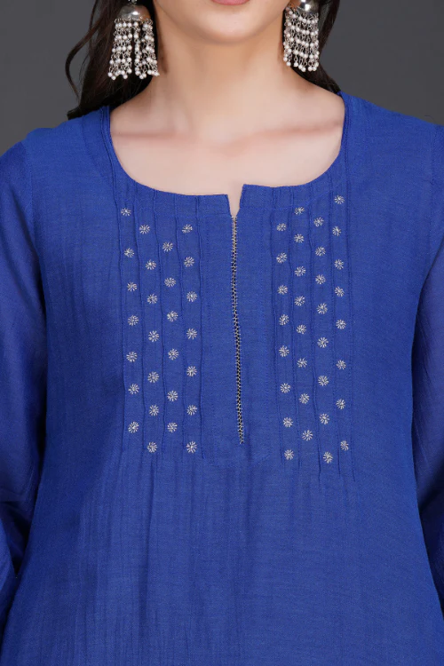 Phae Idit Cotton Crinkle Cobalt Blue Kurta - Image 4