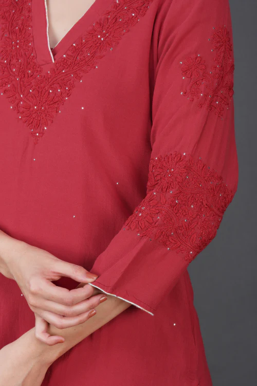 Phae Iska Cotton Crinkle Candy Red Kurta