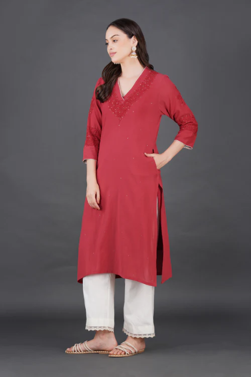 Phae Iska Cotton Crinkle Candy Red Kurta - Image 2