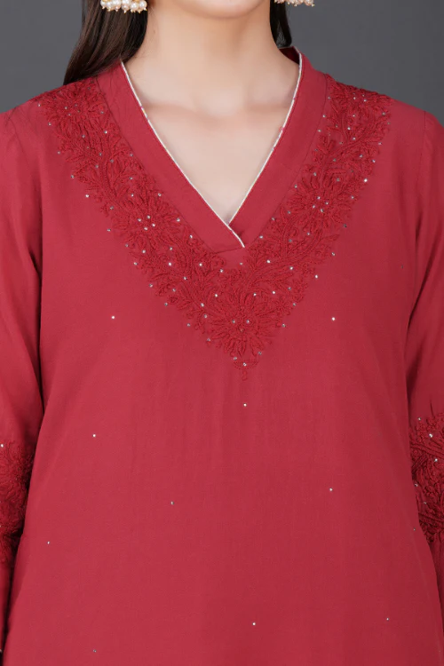 Phae Iska Cotton Crinkle Candy Red Kurta - Image 3