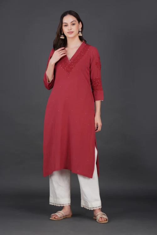 Phae Iska Cotton Crinkle Candy Red Kurta - Image 4