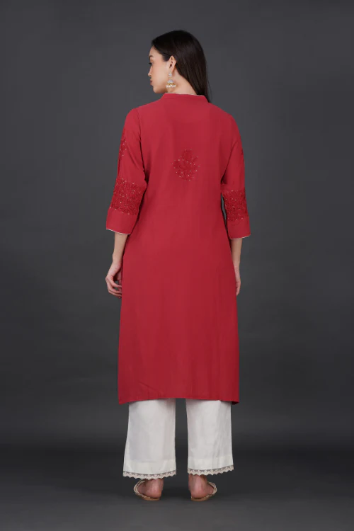 Phae Iska Cotton Crinkle Candy Red Kurta - Image 5