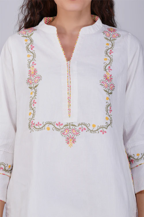 Phae Krishna Cotton Jacquard Kurta With Hand Chikankari - Image 2