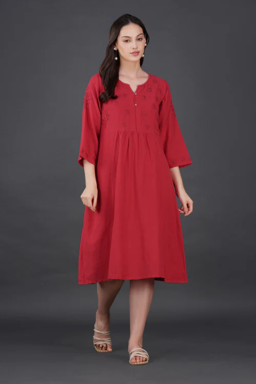 Phae Raisa Cotton Crinkle Candy Red Dress