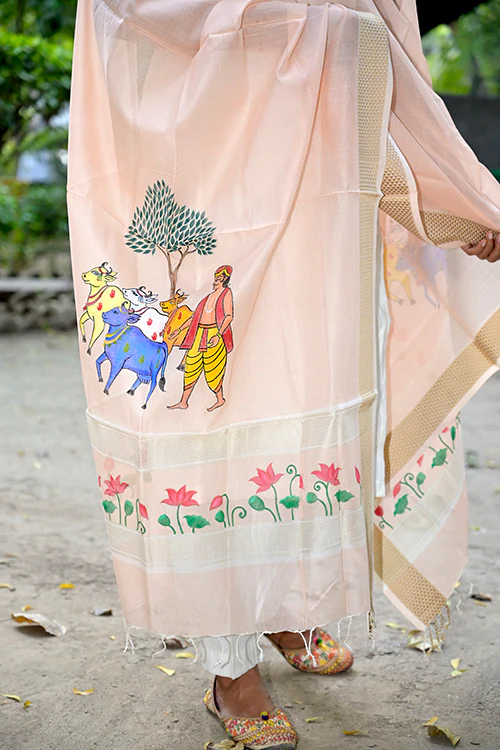 Diorama Designs Pichwai Handpainted "Miniature" Maheshwari Silk Dupatta - Image 3
