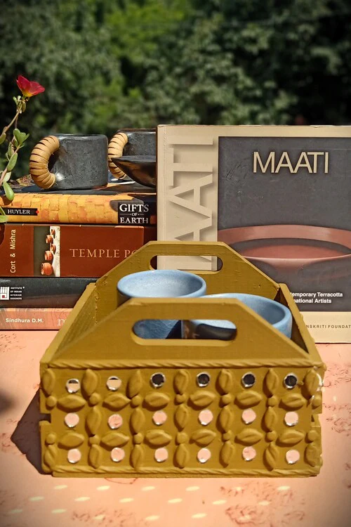 Terracotta by Sachii Pine Wood & Mdf Lippan Mud & Mirror Work Caddy Yellow Ochre - Image 3