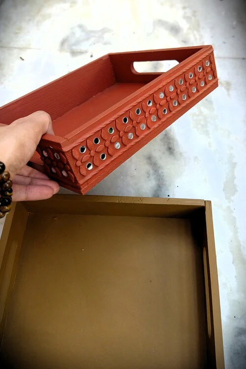 Terracotta by Sachii Pine Wood & Mdf Lippan Mud & Mirror Work Tray Brick Red - Image 2