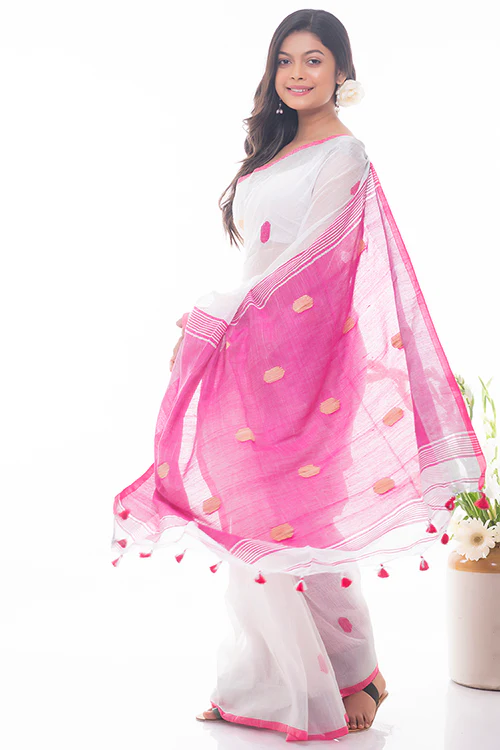 TICH Flowing & Graceful. Soft Handwoven Bengal Linen Saree - Pink Buti - Image 3