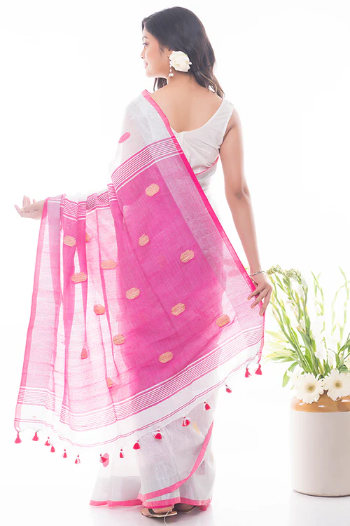 TICH Flowing & Graceful. Soft Handwoven Bengal Linen Saree - Pink Buti - Image 5