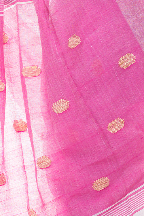 TICH Flowing & Graceful. Soft Handwoven Bengal Linen Saree - Pink Buti - Image 6