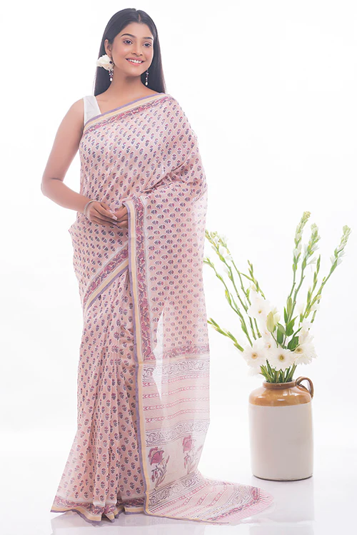 TICH Summer Florals. Sanganeri Block Printed Chanderi Saree - Pink Flora - Image 3