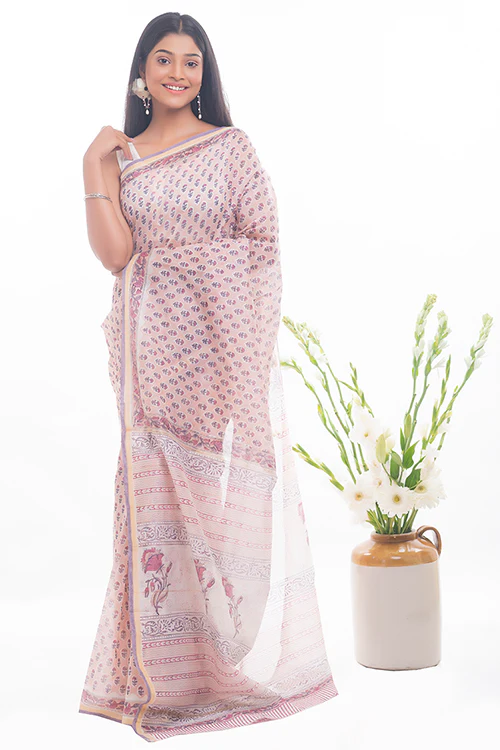 TICH Summer Florals. Sanganeri Block Printed Chanderi Saree - Pink Flora - Image 4