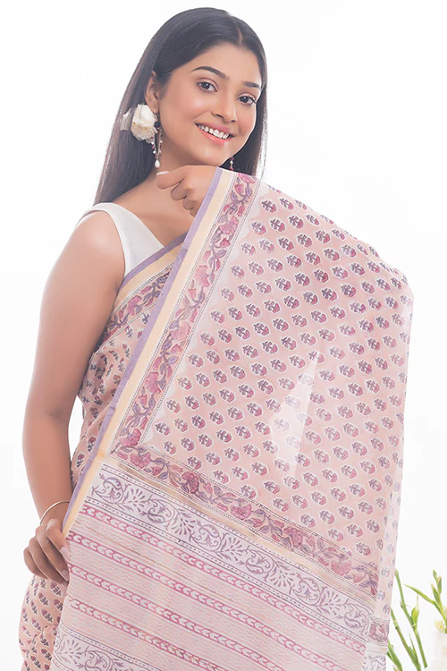 TICH Summer Florals. Sanganeri Block Printed Chanderi Saree - Pink Flora - Image 5