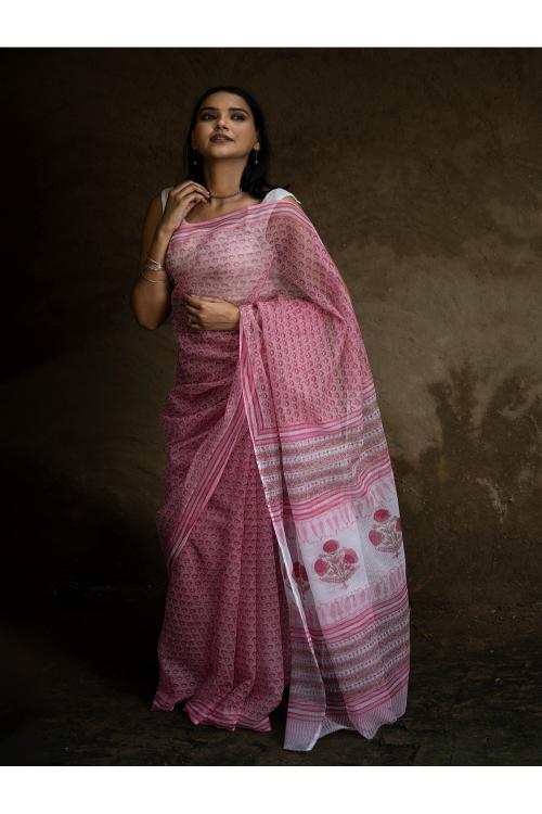 TICH Sanganeri Hand Block Printed Kota Doria Saree - Pink Flora - Image 5
