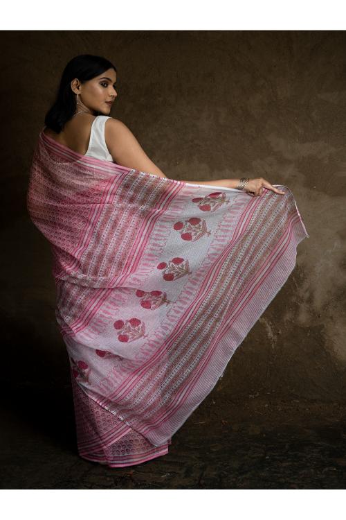 TICH Sanganeri Hand Block Printed Kota Doria Saree - Pink Flora - Image 7