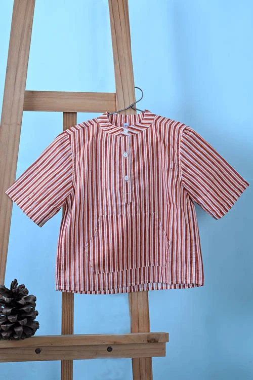 Poddar Exports Brown Stripes Kids Cotton Hoodie Kurta Shirt - Image 2