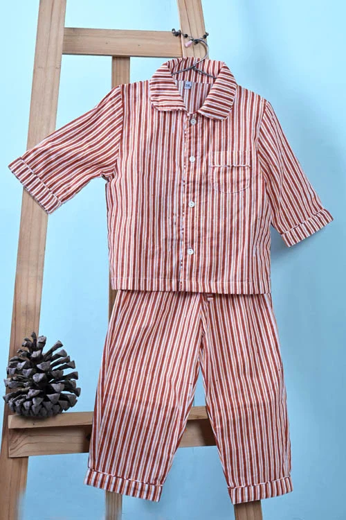Poddar Exports Brown Stripes Kids Cotton Night Suit Set - Image 2