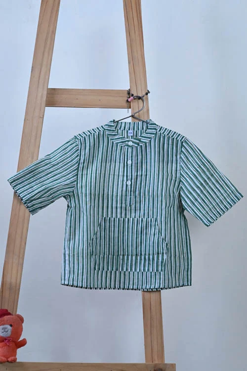 Poddar Exports Green Stripes Kids Cotton Hoodie Kurta Shirt