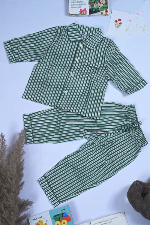 Poddar Exports Green Stripes Kids Cotton Night Suit Set - Image 2