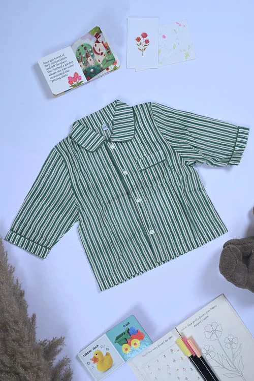 Poddar Exports Green Stripes Kids Cotton Night Suit Set - Image 3