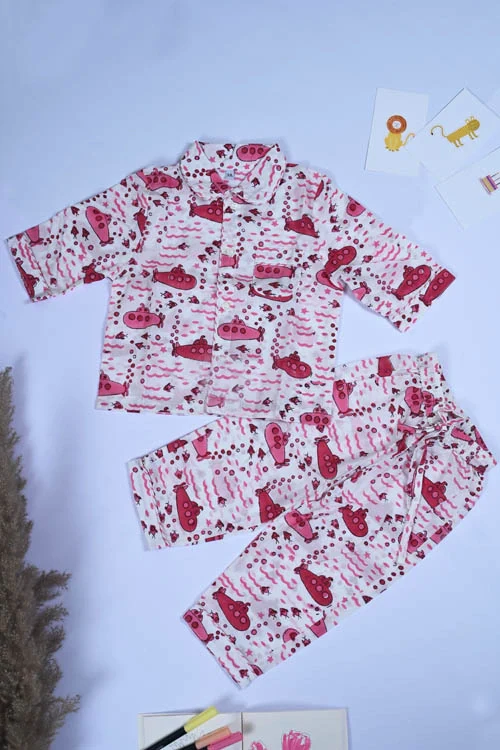 Poddar Exports Pink Submarine Kids Cotton Night Suit Set - Image 4