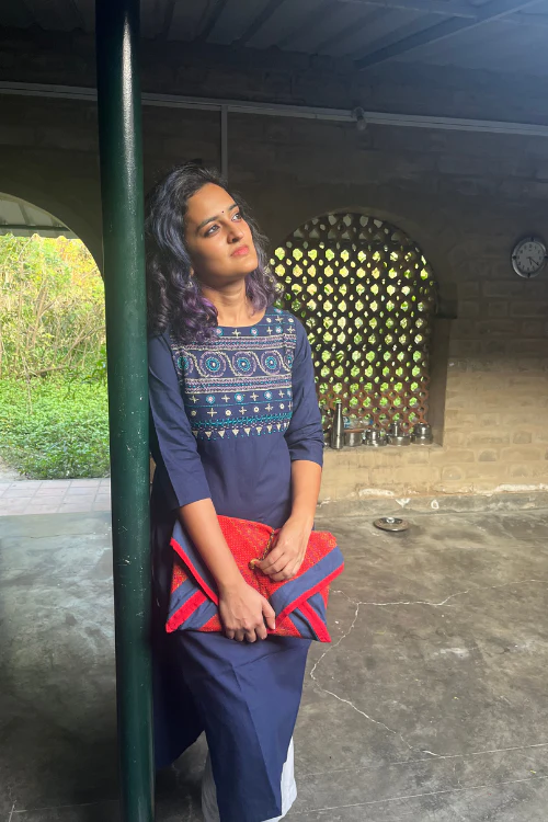 Porgai 'Gowri Mirror Work' Hand Embroidery Cotton Kurta