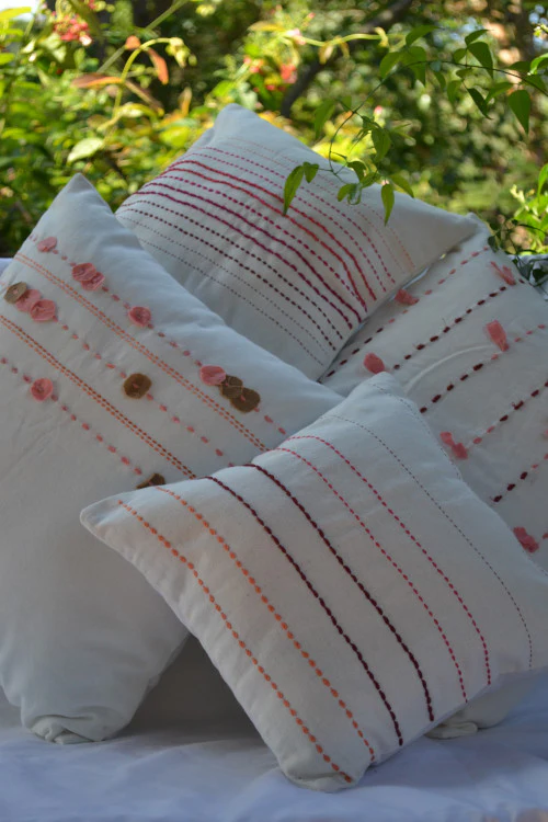 Porgai 'Living Coral A' Hand Embriodered Cotton Cushion Cover White - Image 3