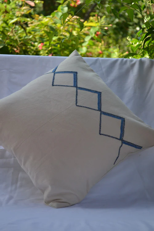 Porgai 'Living Coral B' Hand Embriodered Set of 5 Cotton Cushion Covers Beige & Blue (Set of 5) - Image 3