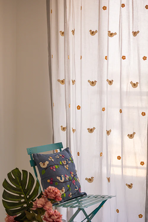 Samoolam Prakriti Door Curtain ~ Crochet Birds ~ Light Grey - Image 3