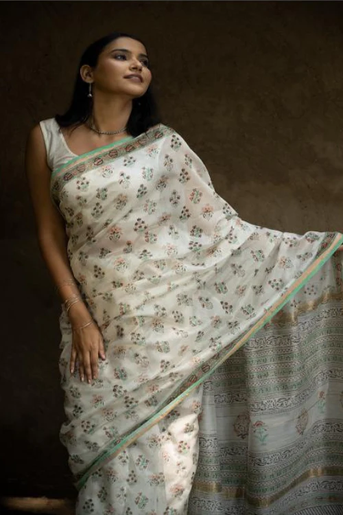 TICH Sanganeri Hand Block Printed Chanderi Saree - Pretty Florals