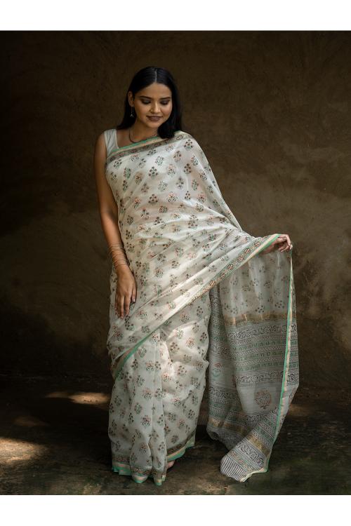 TICH Sanganeri Hand Block Printed Chanderi Saree - Pretty Florals - Image 2