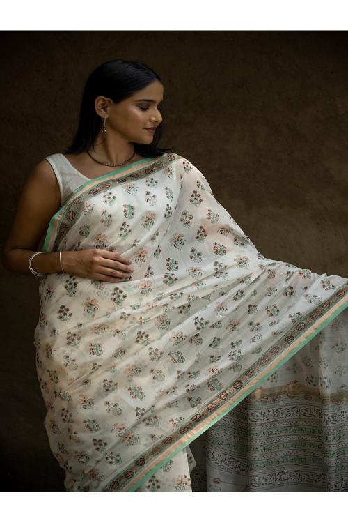 TICH Sanganeri Hand Block Printed Chanderi Saree - Pretty Florals - Image 4