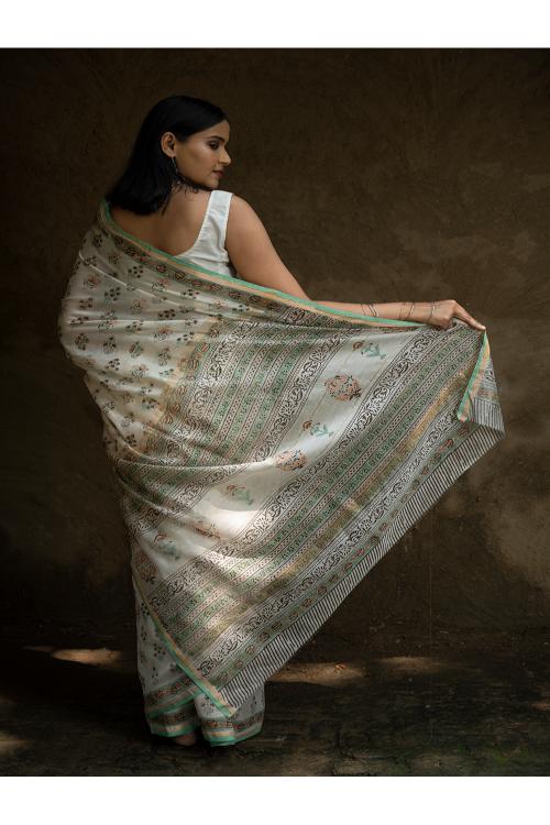 TICH Sanganeri Hand Block Printed Chanderi Saree - Pretty Florals - Image 5