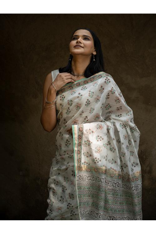 TICH Sanganeri Hand Block Printed Chanderi Saree - Pretty Florals - Image 7