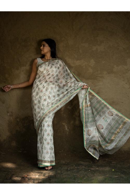 TICH Sanganeri Hand Block Printed Chanderi Saree - Pretty Florals - Image 9