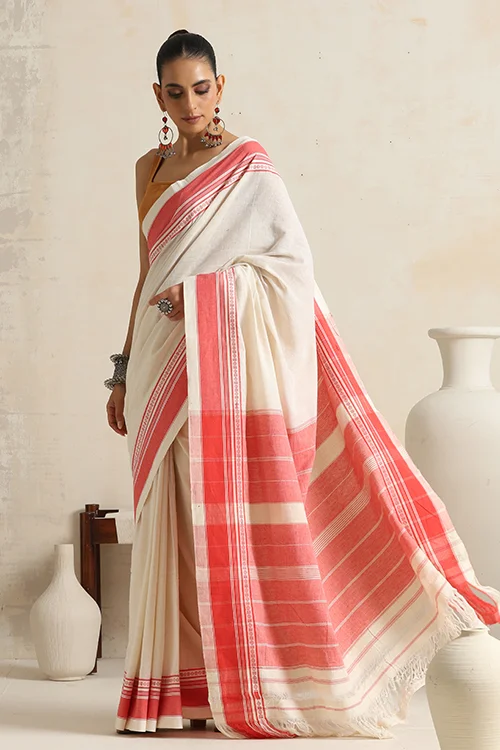 Punarjeevana Off White Body Peach Border Reversible Anne Hejje