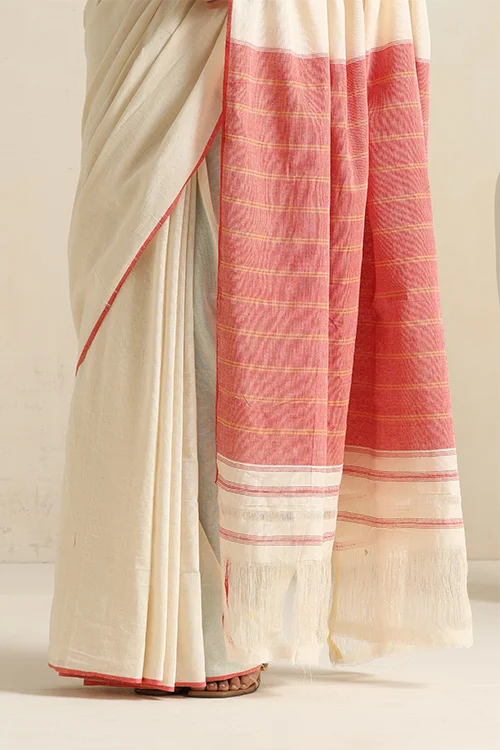 Punarjeevana Off White Body Red Yellow Narrow Border Reversible Dhotra Saree - Image 3