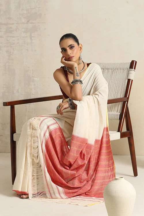 Punarjeevana Off White Body Red Yellow Narrow Border Reversible Dhotra Saree - Image 4