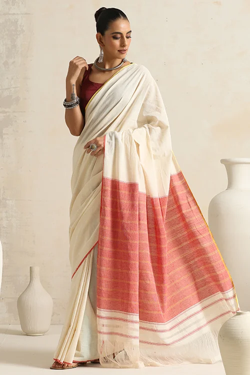 Punarjeevana Off White Body Red Yellow Narrow Border Reversible Dhotra Saree - Image 6