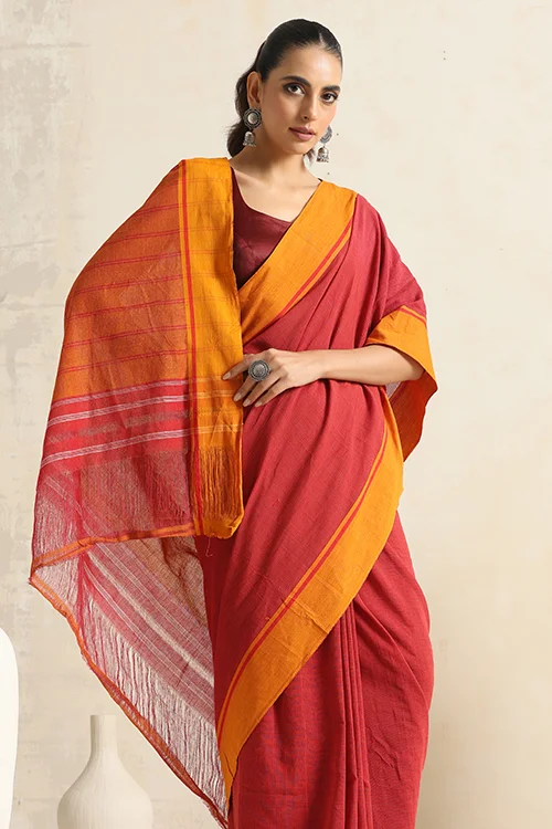 Punarjeevana Red Body Mustard Border Reversible Patteda Anchu - Image 4