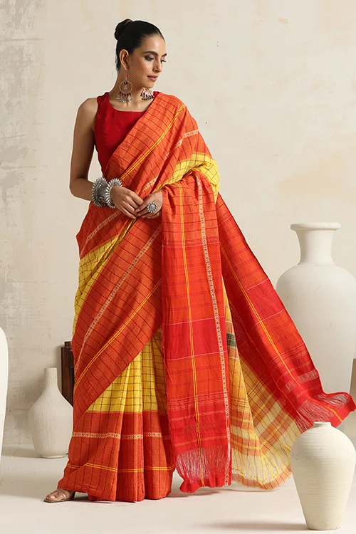 Punarjeevana Yellow Body Broad Check Red Border Reversible Chettinad Saree