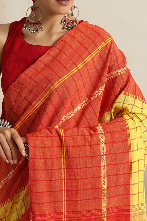 Punarjeevana Yellow Body Broad Check Red Border Reversible Chettinad Saree - Image 2