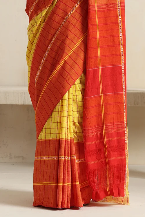 Punarjeevana Yellow Body Broad Check Red Border Reversible Chettinad Saree - Image 3