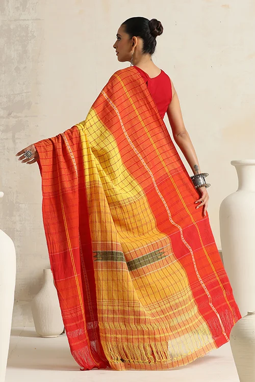 Punarjeevana Yellow Body Broad Check Red Border Reversible Chettinad Saree - Image 4