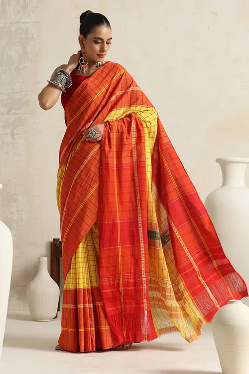 Punarjeevana Yellow Body Broad Check Red Border Reversible Chettinad Saree - Image 5