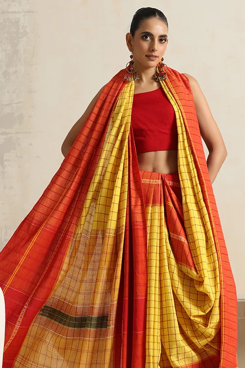 Punarjeevana Yellow Body Broad Check Red Border Reversible Chettinad Saree - Image 6