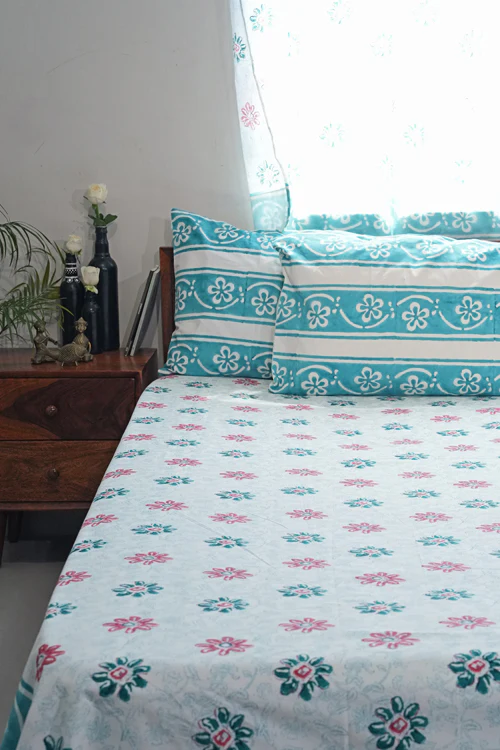 Sooti Syahi Pure Slumber Hand Block Printed Cotton Percale Bedsheet - Image 4