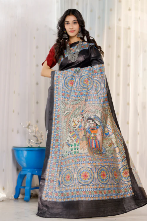 Diorama Designs Madhubani Hand-painted Radha Krishna Silk Saree - Image 6